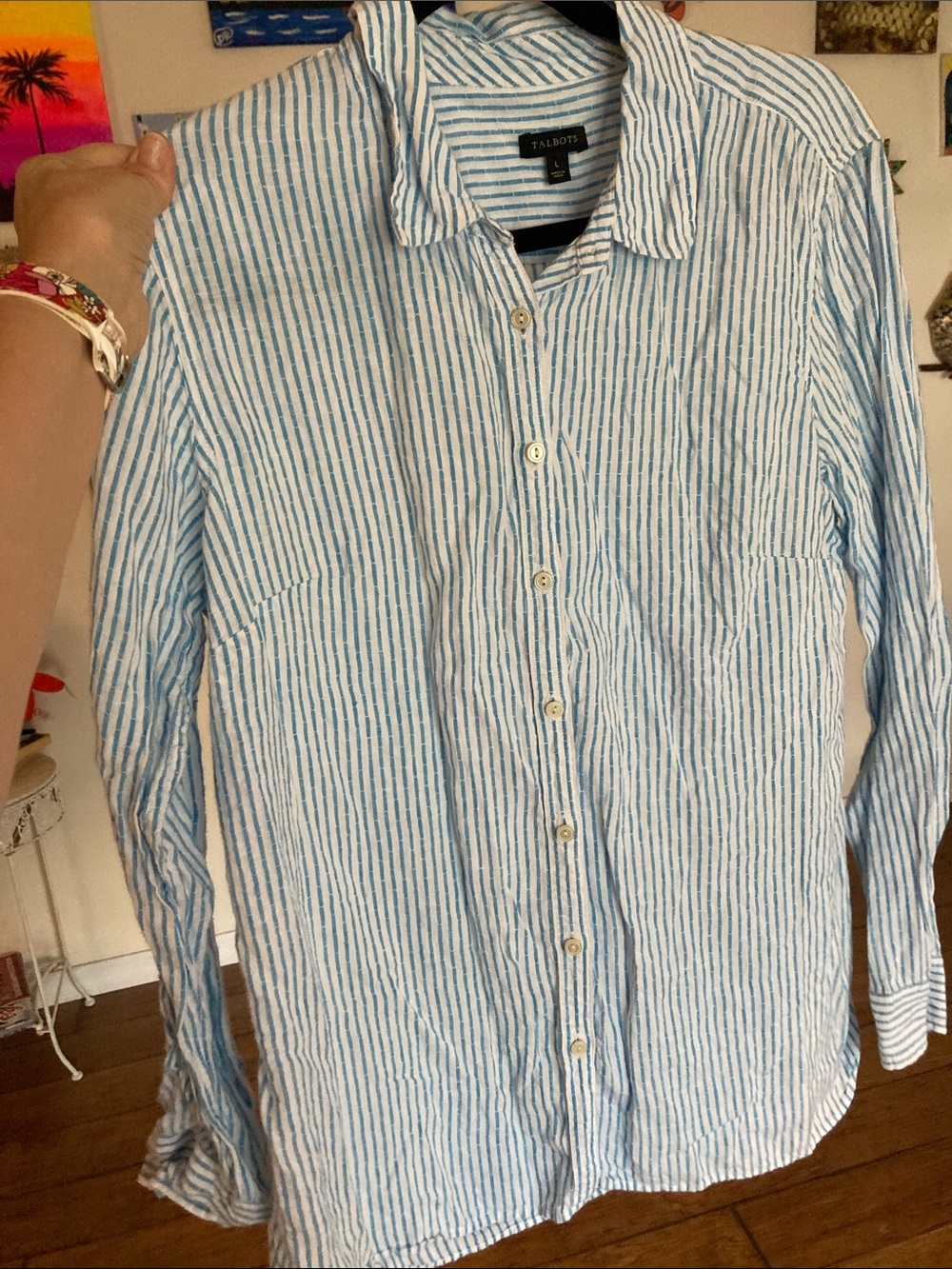 10/$30 Talbots Striped Linen Button-Down Shirt blouse women’s classic blue white